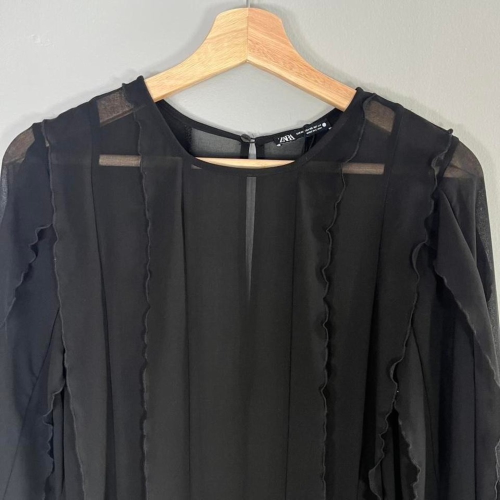NWOT ZARA Chiffon Ruffled Black Mini Dress Long Sleeve Round Neck Size XS - Picture 3 of 4